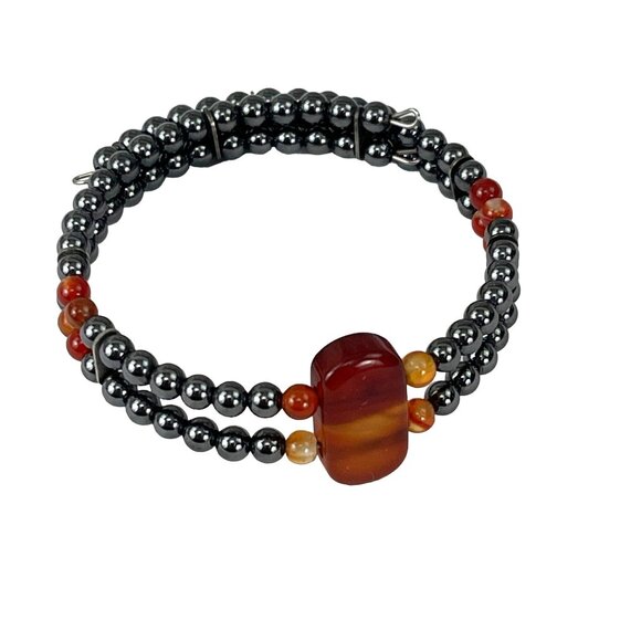 Hematite & Carnelian Beaded Stretch Bracelet With Central Gemstone Accent - Picture 4 of 8